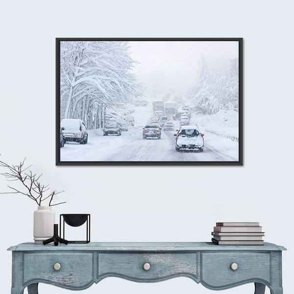 Snowstorm Poor Visibility Slick Roads And Lots Of Traffic Canvas Wall Art-1 Piece-Floating Frame-24" x 16"-Tiaracle