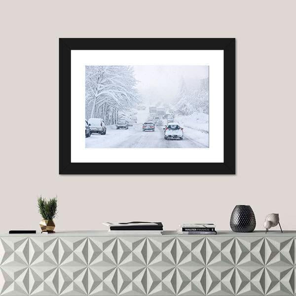 Snowstorm Poor Visibility Slick Roads And Lots Of Traffic Canvas Wall Art-1 Piece-Framed Print-20" x 16"-Tiaracle