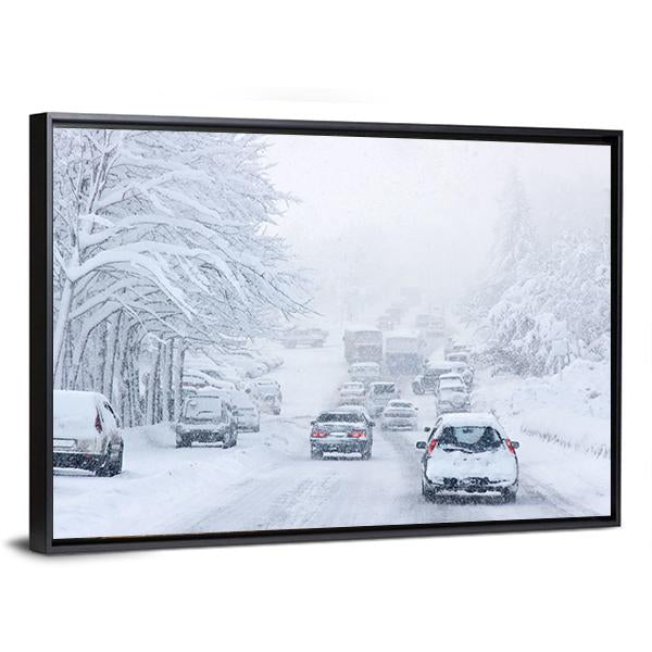 Snowstorm Poor Visibility Slick Roads And Lots Of Traffic Canvas Wall Art-3 Horizontal-Gallery Wrap-25" x 16"-Tiaracle