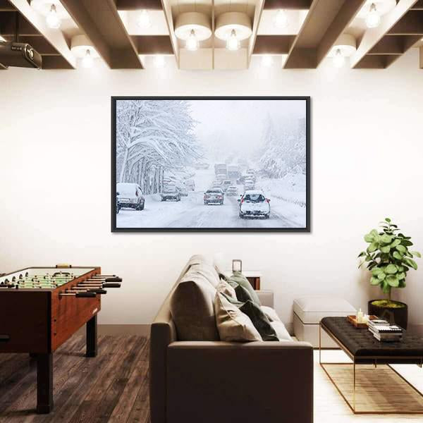 Snowstorm Poor Visibility Slick Roads And Lots Of Traffic Canvas Wall Art-3 Horizontal-Gallery Wrap-25" x 16"-Tiaracle