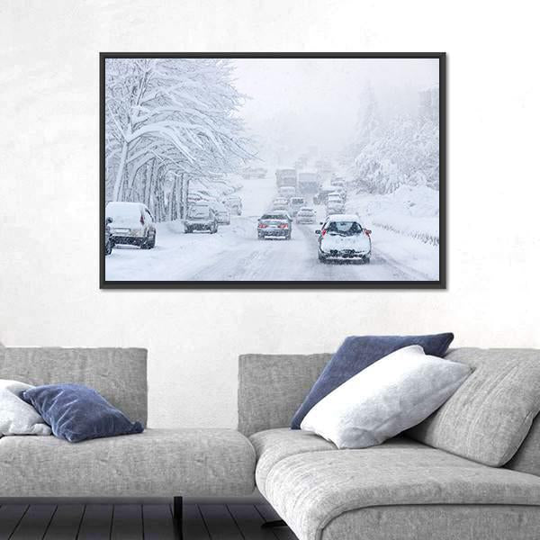 Snowstorm Poor Visibility Slick Roads And Lots Of Traffic Canvas Wall Art-3 Horizontal-Gallery Wrap-25" x 16"-Tiaracle