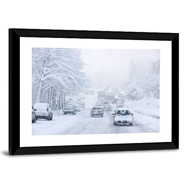 Snowstorm Poor Visibility Slick Roads And Lots Of Traffic Canvas Wall Art-3 Horizontal-Gallery Wrap-25" x 16"-Tiaracle