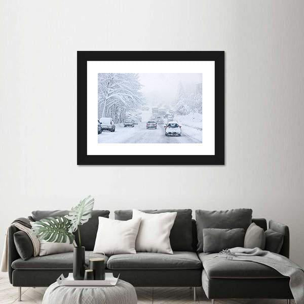 Snowstorm Poor Visibility Slick Roads And Lots Of Traffic Canvas Wall Art-3 Horizontal-Gallery Wrap-25" x 16"-Tiaracle