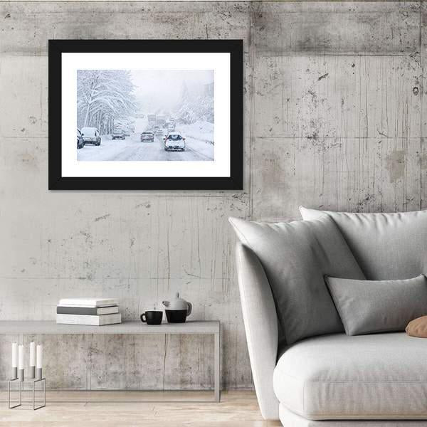 Snowstorm Poor Visibility Slick Roads And Lots Of Traffic Canvas Wall Art-3 Horizontal-Gallery Wrap-25" x 16"-Tiaracle