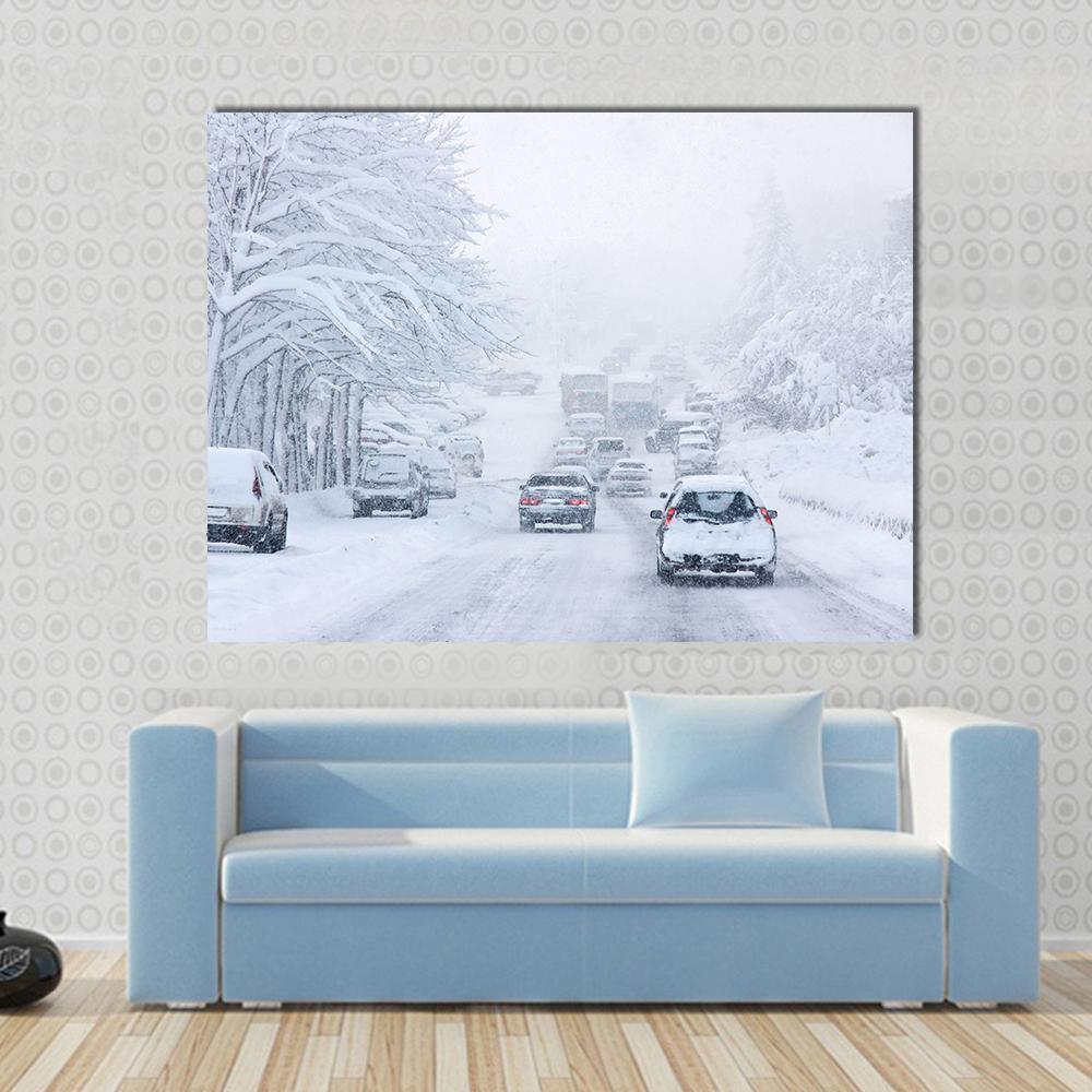 Snowstorm Poor Visibility Slick Roads And Lots Of Traffic Canvas Wall Art-1 Piece-Gallery Wrap-48" x 32"-Tiaracle