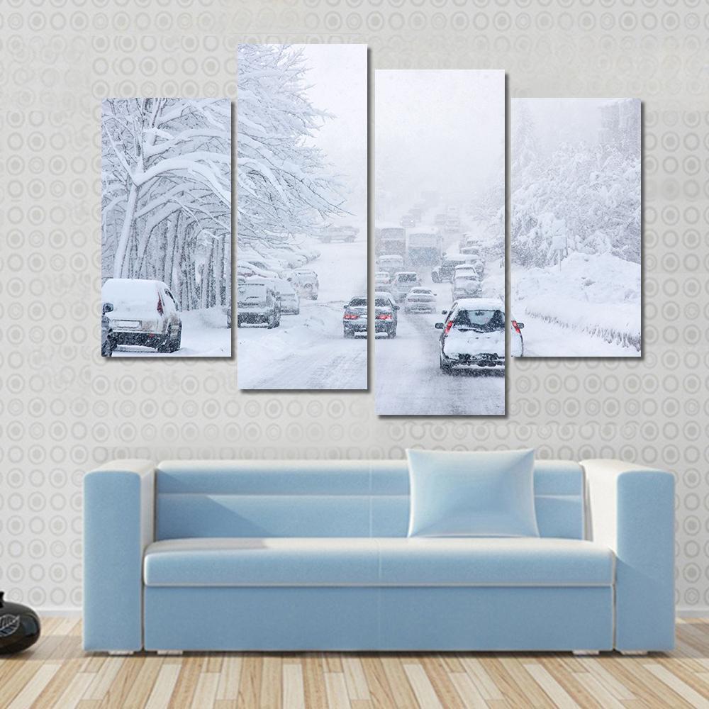 Snowstorm Poor Visibility Slick Roads And Lots Of Traffic Canvas Wall Art-4 Pop-Gallery Wrap-50" x 32"-Tiaracle