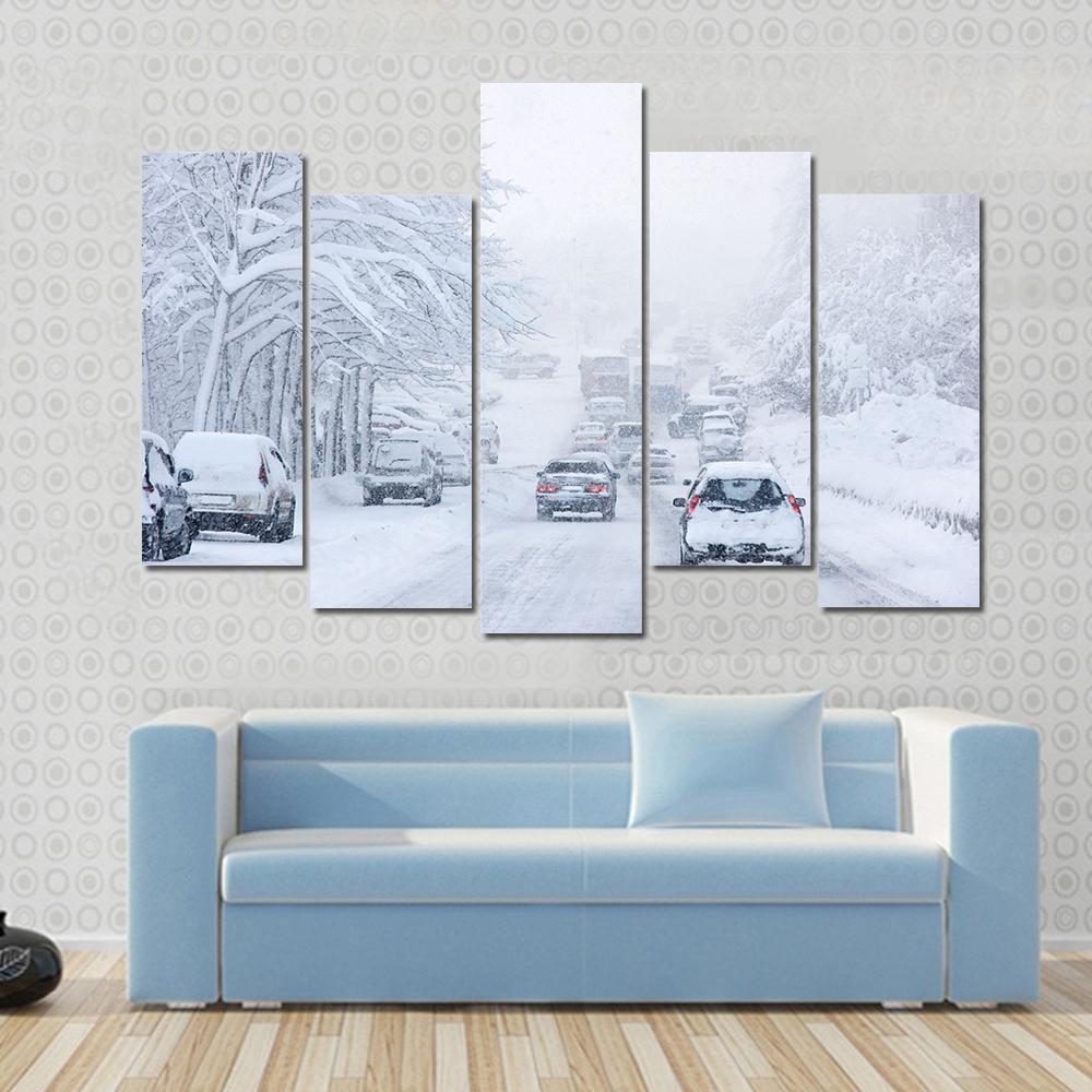 Snowstorm Poor Visibility Slick Roads And Lots Of Traffic Canvas Wall Art-5 Pop-Gallery Wrap-47" x 32"-Tiaracle