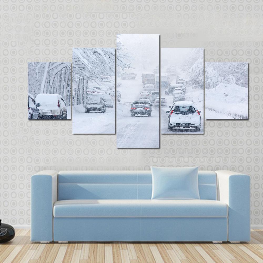 Snowstorm Poor Visibility Slick Roads And Lots Of Traffic Canvas Wall Art-5 Star-Gallery Wrap-62" x 32"-Tiaracle