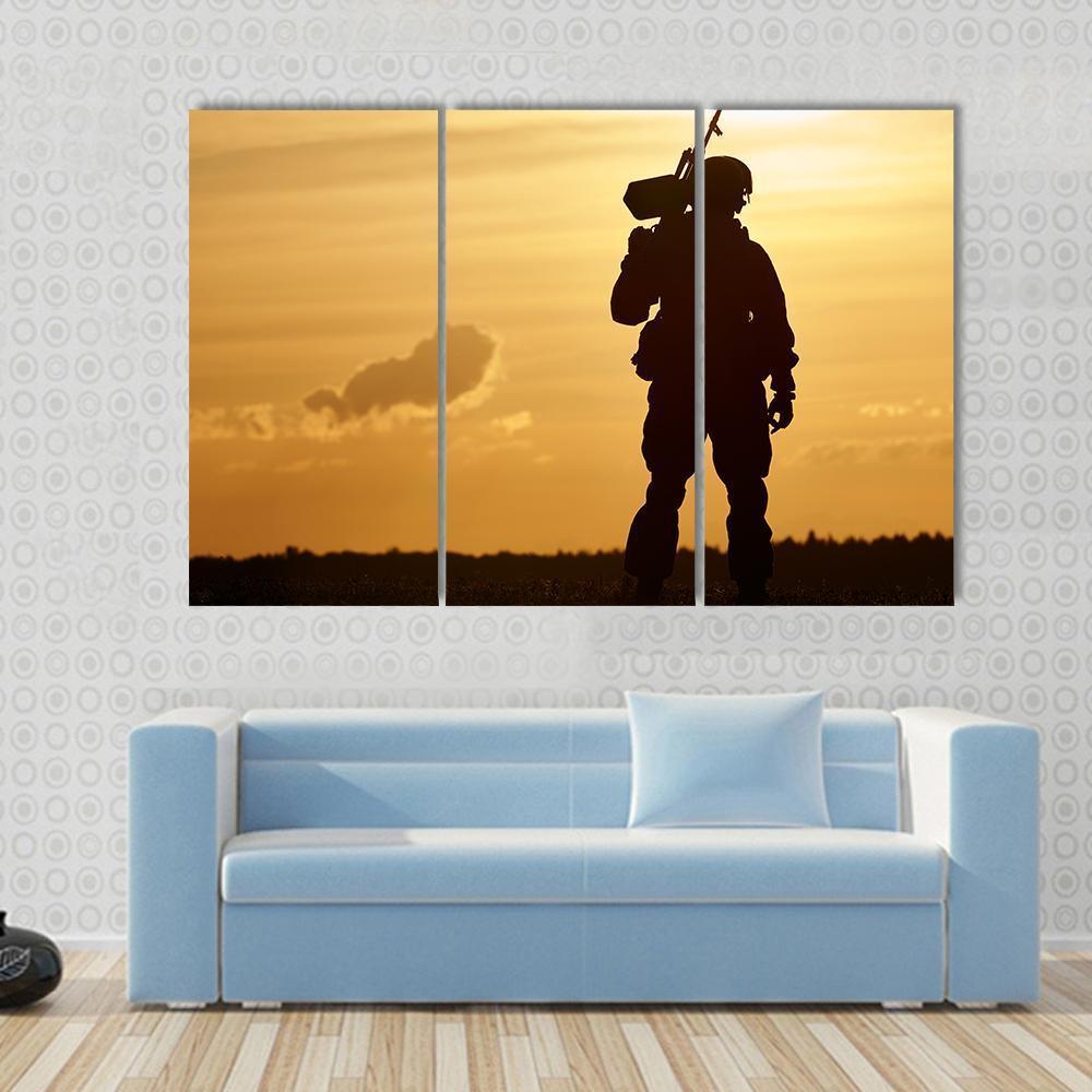 Soldier With Machine Gun At Sunset Canvas Wall Art-3 Horizontal-Gallery Wrap-37" x 24"-Tiaracle