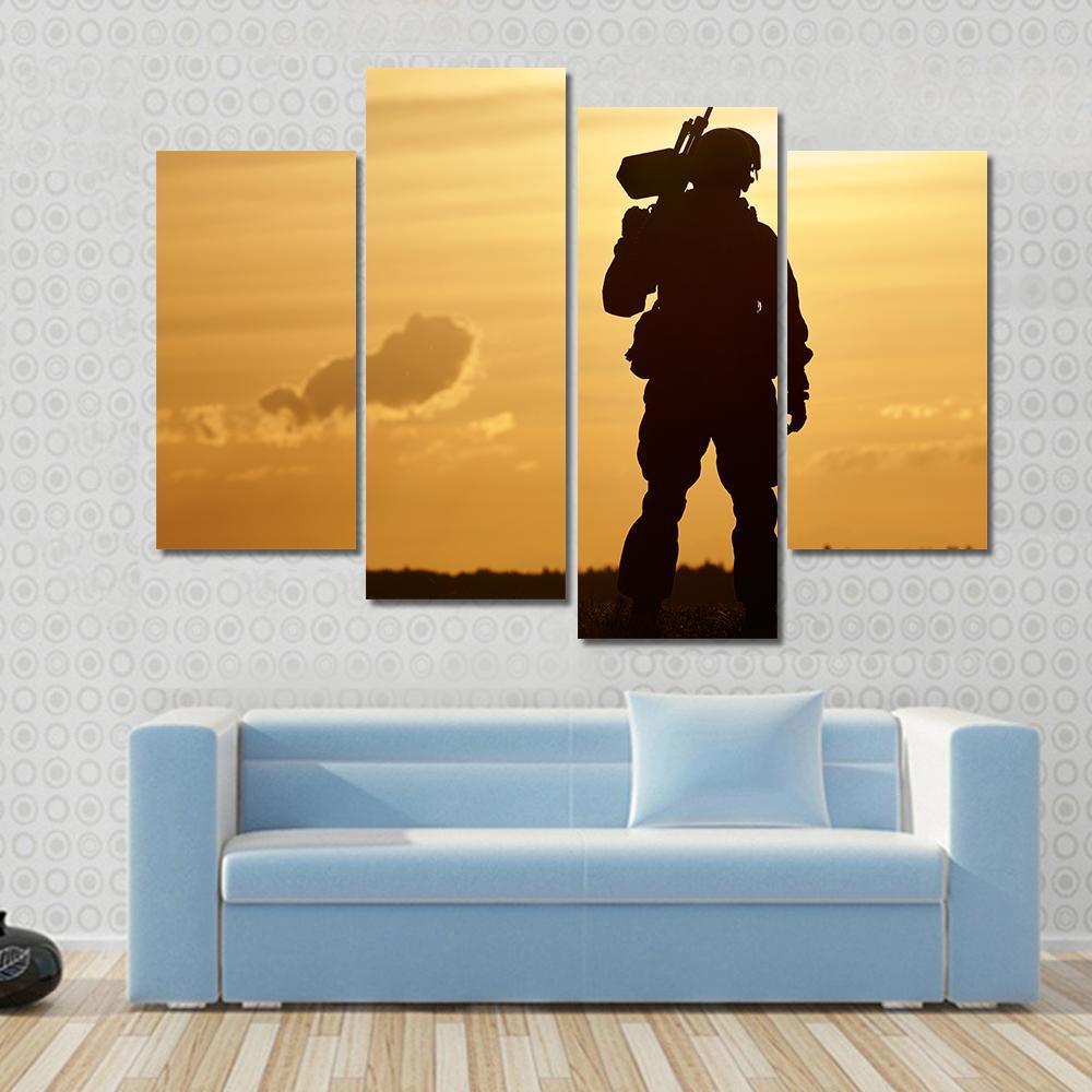 Soldier With Machine Gun At Sunset Canvas Wall Art-4 Pop-Gallery Wrap-50" x 32"-Tiaracle