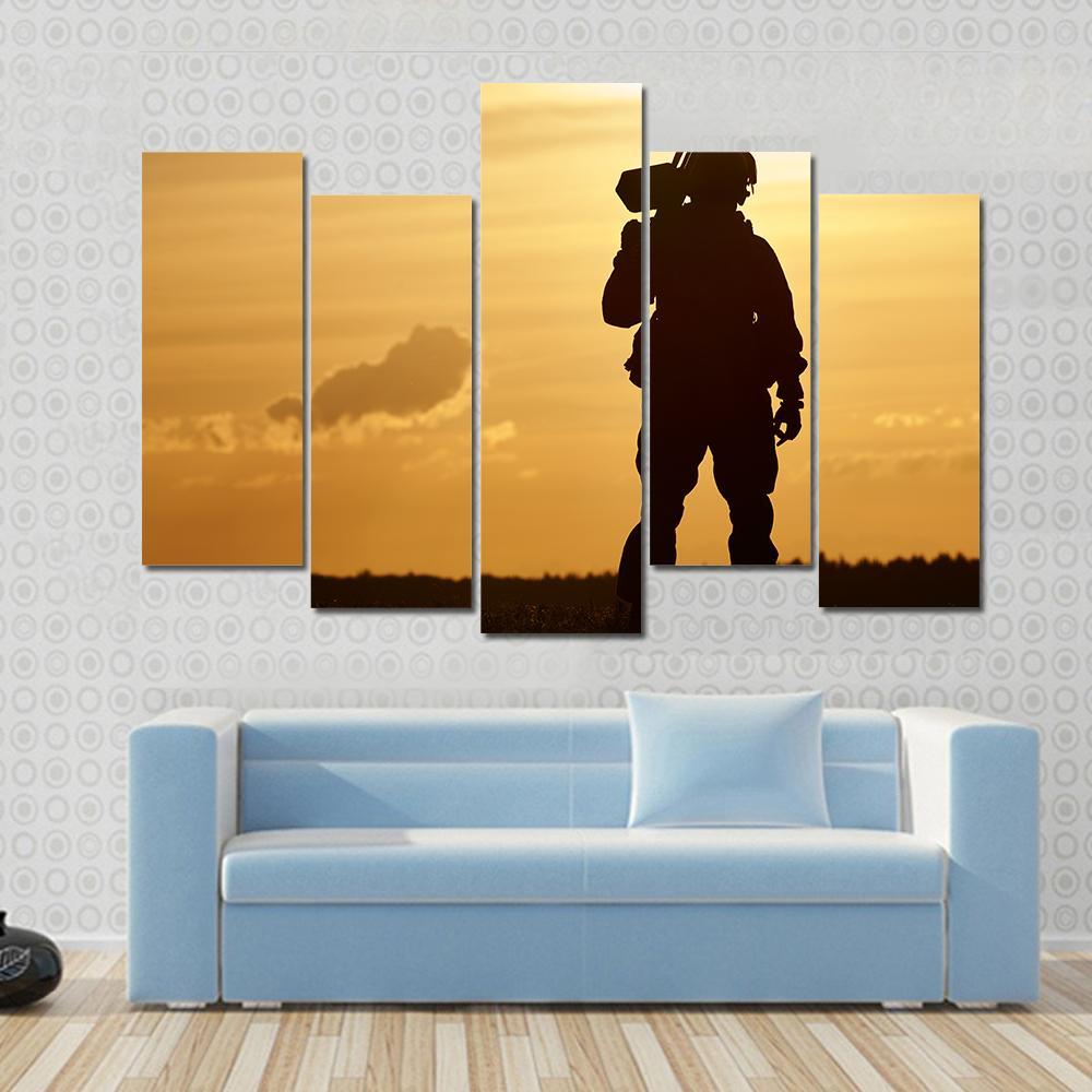 Soldier With Machine Gun At Sunset Canvas Wall Art-5 Pop-Gallery Wrap-47" x 32"-Tiaracle