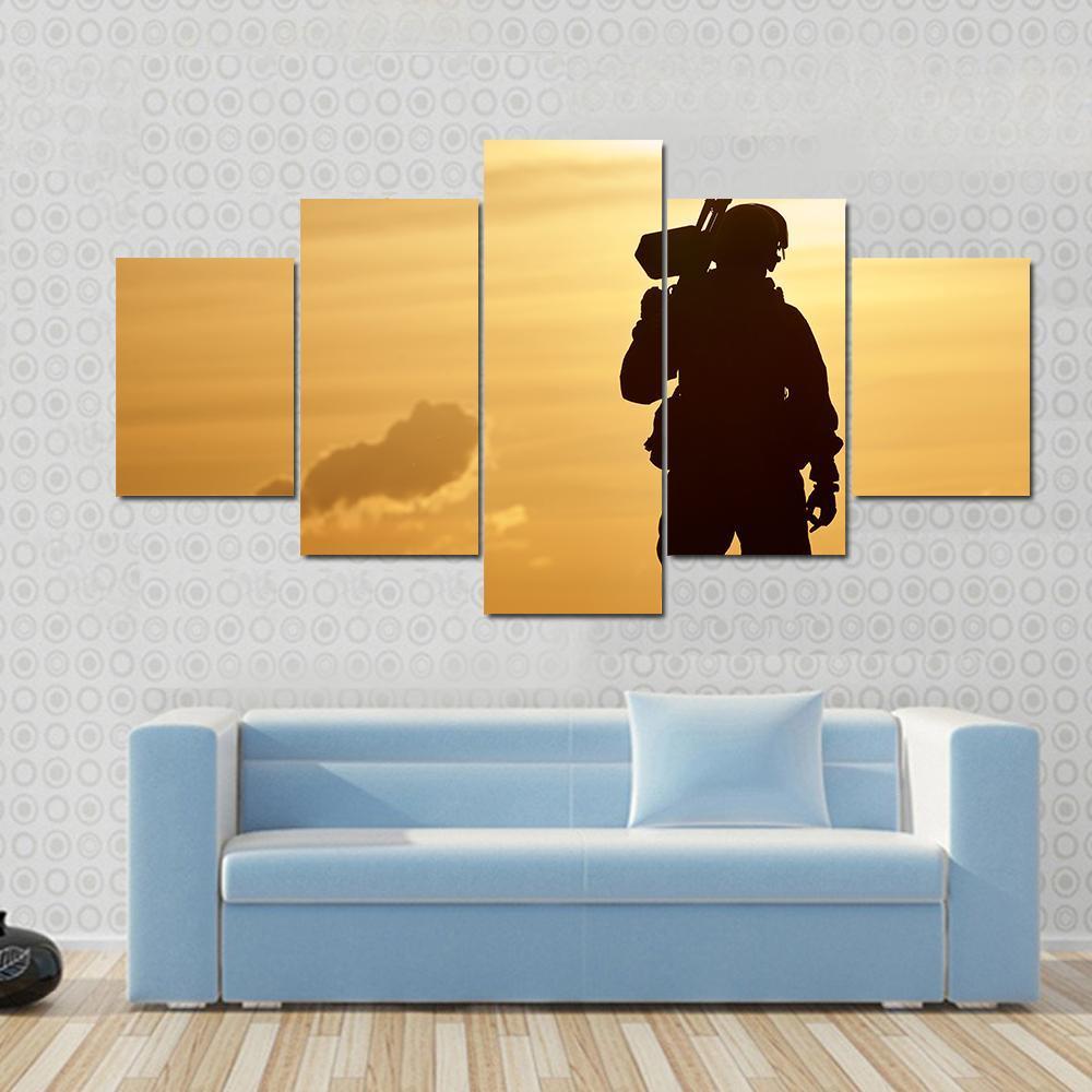 Soldier With Machine Gun At Sunset Canvas Wall Art-5 Star-Gallery Wrap-62" x 32"-Tiaracle