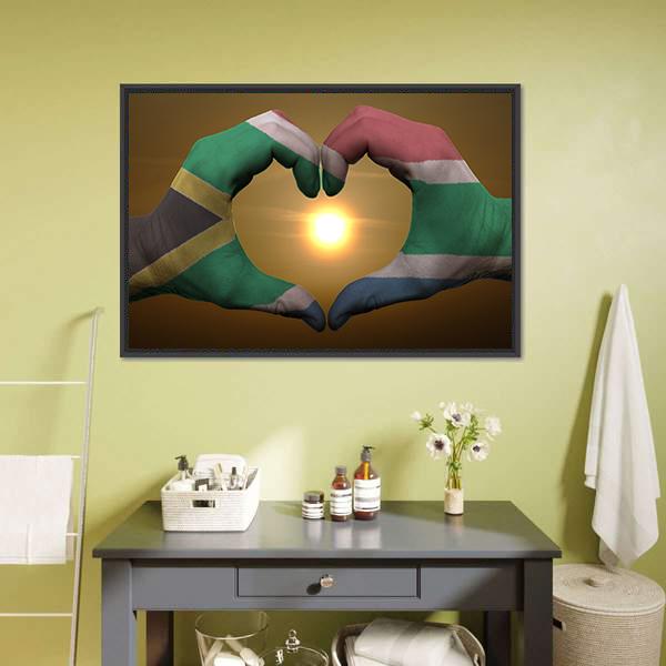 South Africa Flag On Hands Canvas Wall Art-1 Piece-Floating Frame-24" x 16"-Tiaracle
