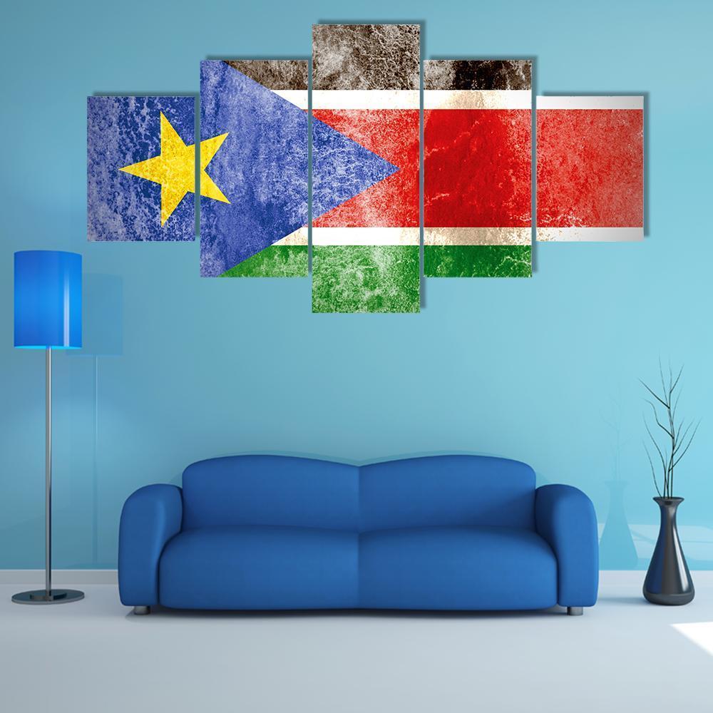 South Sudan Flag On Grunge Paper Canvas Wall Art-5 Star-Gallery Wrap-62" x 32"-Tiaracle