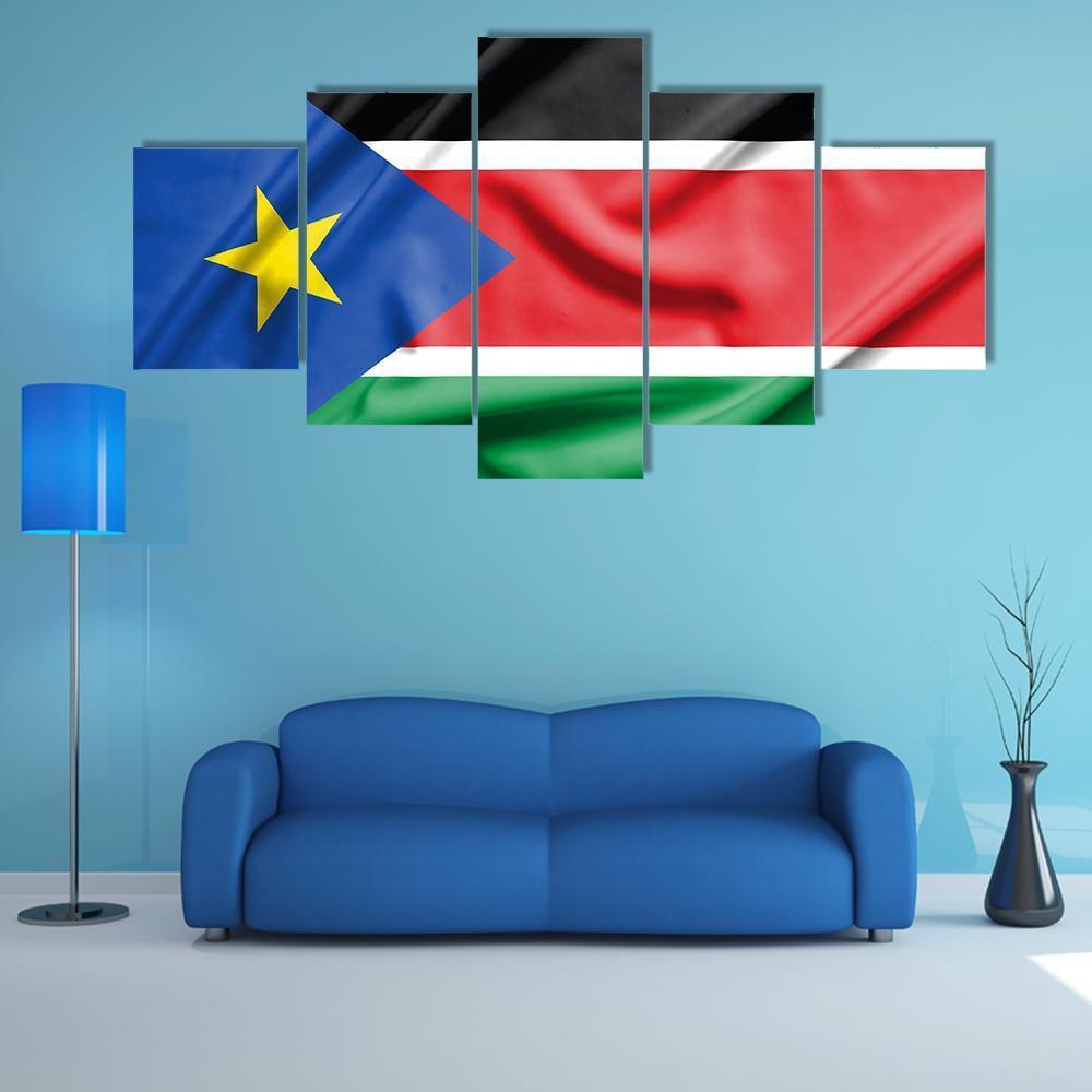 South Sudan Flag On Silk Texture Canvas Wall Art-5 Star-Gallery Wrap-62" x 32"-Tiaracle