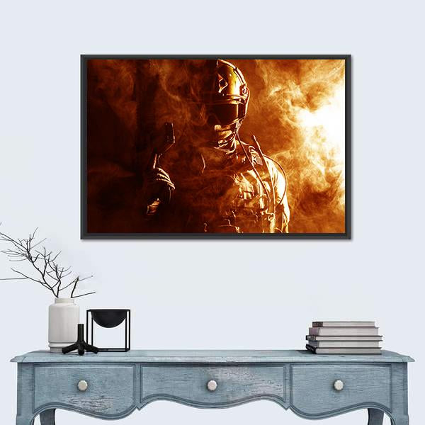 Special Forces Soldier In Smoke Canvas Wall Art-1 Piece-Floating Frame-24" x 16"-Tiaracle