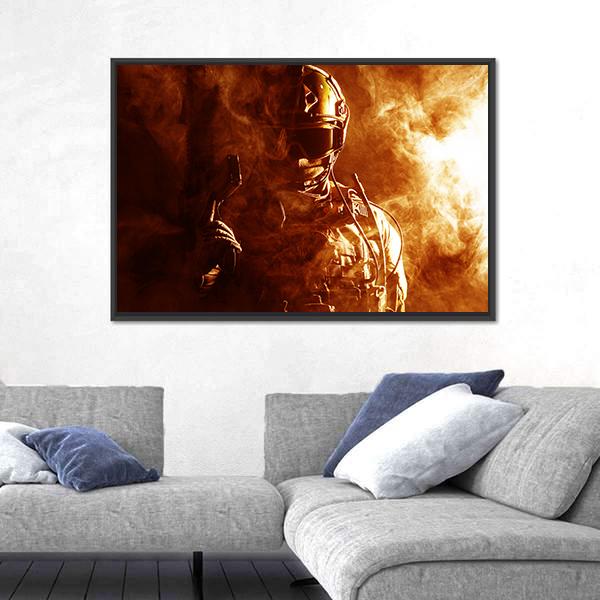 Special Forces Soldier In Smoke Canvas Wall Art-3 Horizontal-Gallery Wrap-25" x 16"-Tiaracle