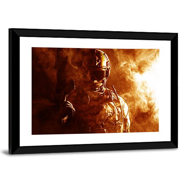 Special Forces Soldier In Smoke Canvas Wall Art-3 Horizontal-Gallery Wrap-25" x 16"-Tiaracle