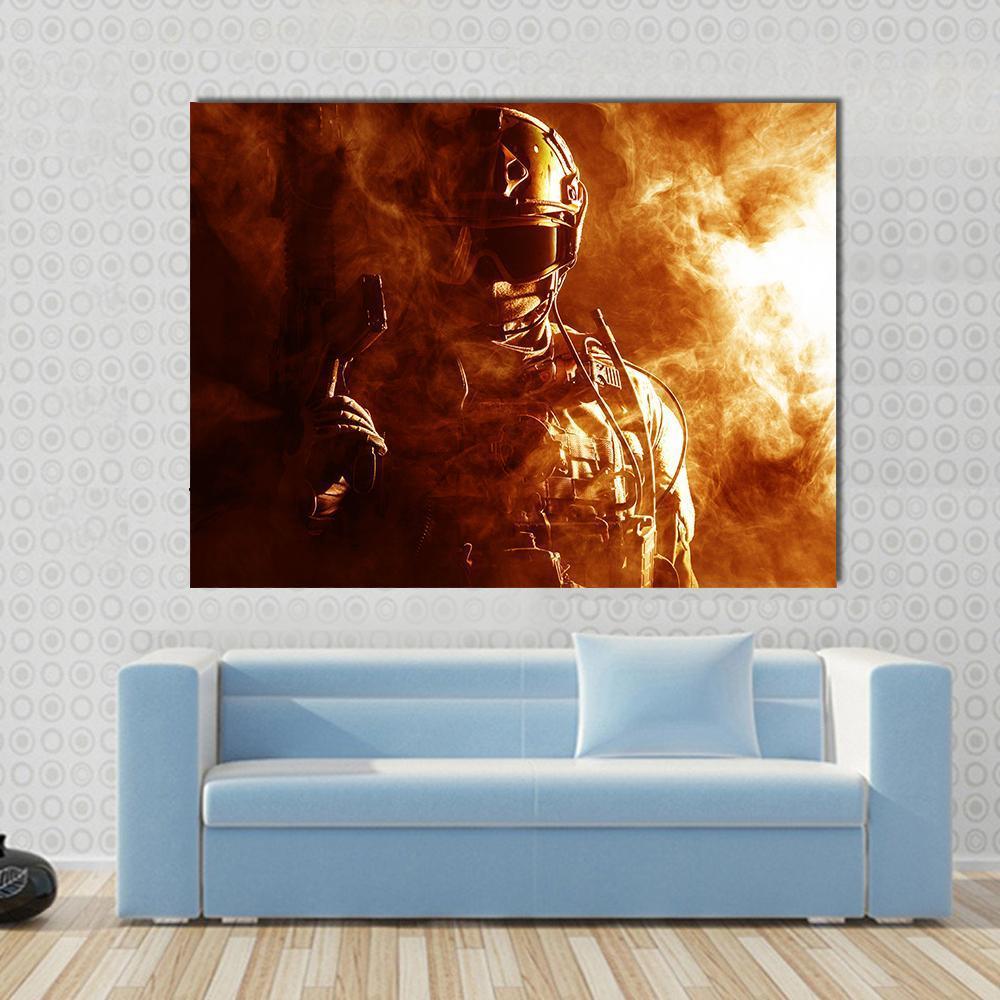 Special Forces Soldier In Smoke Canvas Wall Art-1 Piece-Gallery Wrap-48" x 32"-Tiaracle