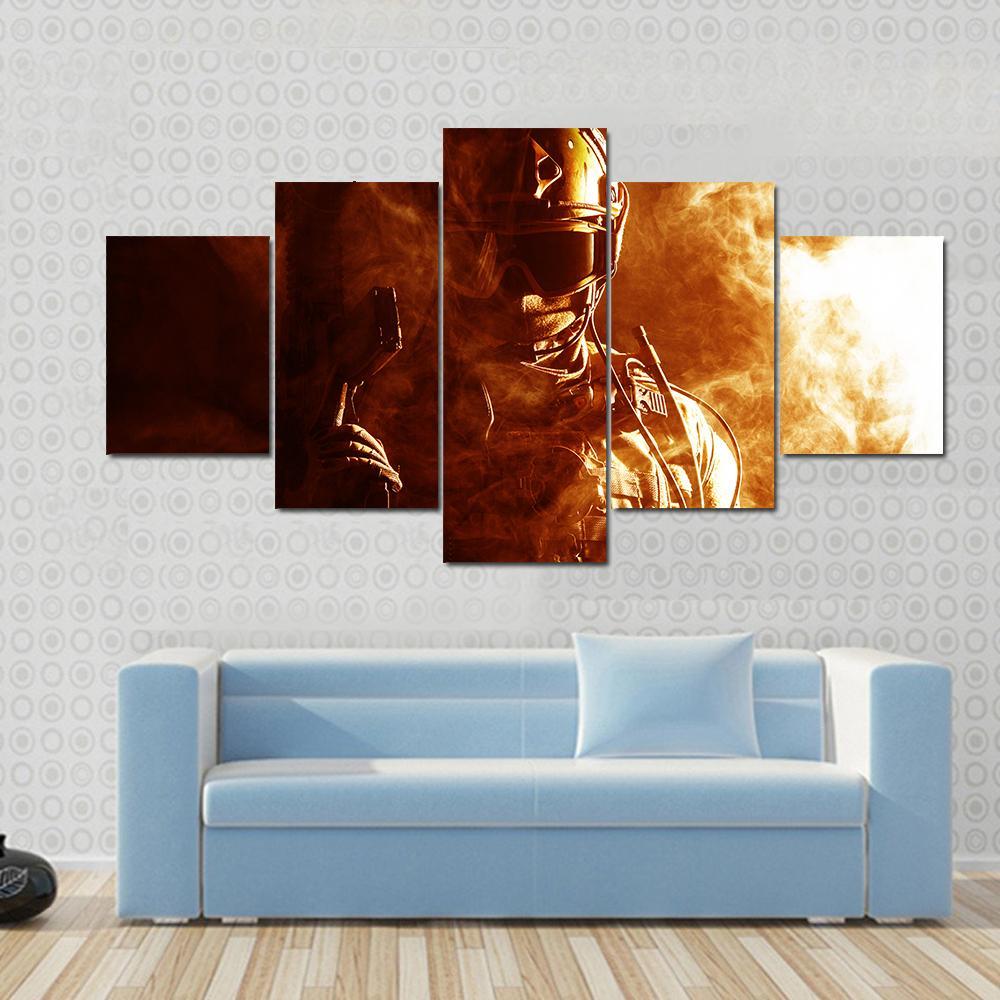 Special Forces Soldier In Smoke Canvas Wall Art-5 Star-Gallery Wrap-62" x 32"-Tiaracle