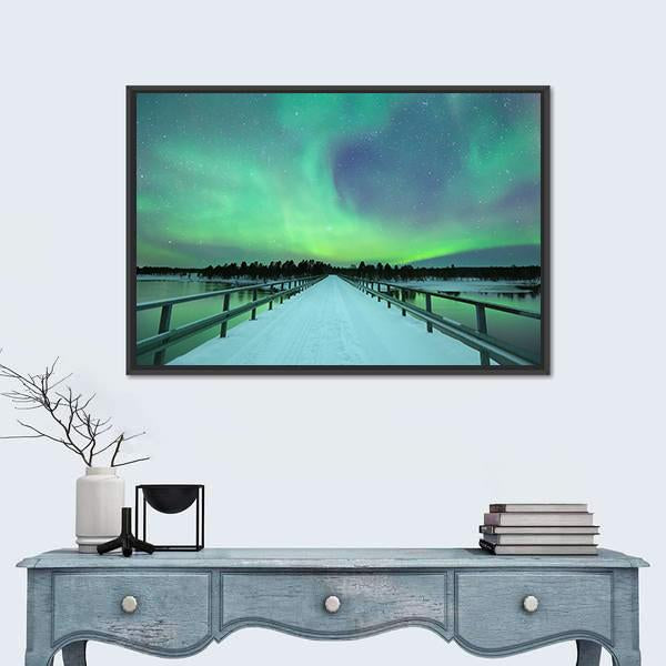 Spectacular Northern Lights Over Bridge And River Canvas Wall Art-1 Piece-Small-Floating Frame-Tiaracle