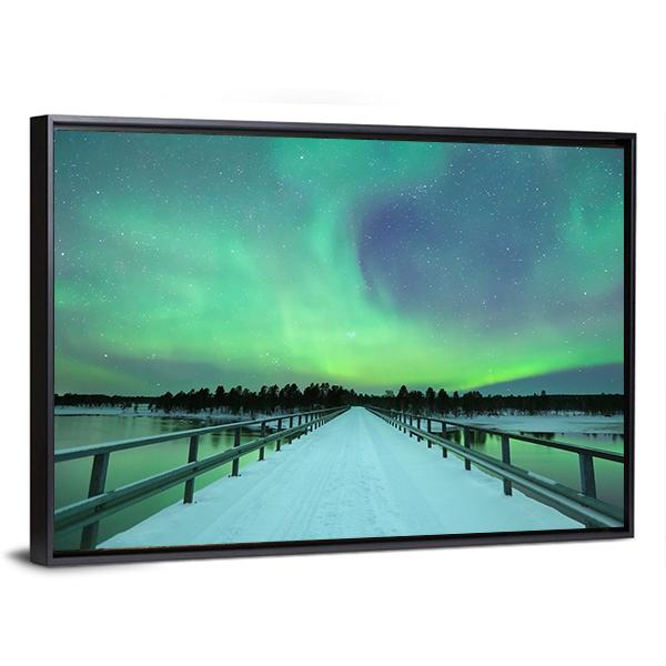 Spectacular Northern Lights Over Bridge And River Canvas Wall Art-3 Horizontal-Gallery Wrap-25" x 16"-Tiaracle