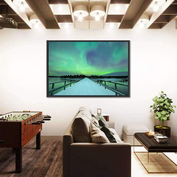 Spectacular Northern Lights Over Bridge And River Canvas Wall Art-3 Horizontal-Gallery Wrap-25" x 16"-Tiaracle