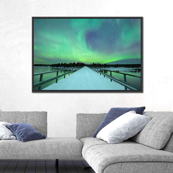 Spectacular Northern Lights Over Bridge And River Canvas Wall Art-3 Horizontal-Gallery Wrap-25" x 16"-Tiaracle