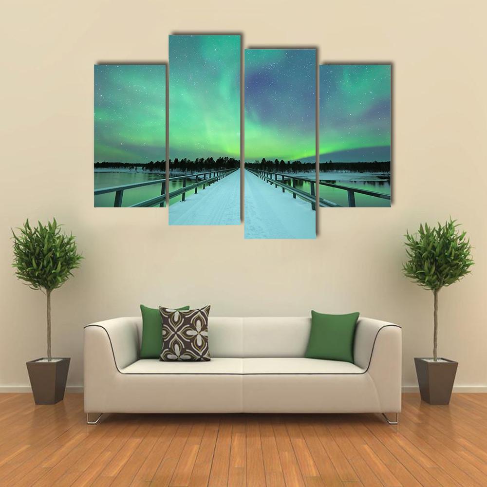 Spectacular Northern Lights Over Bridge And River Canvas Wall Art-4 Pop-Gallery Wrap-50" x 32"-Tiaracle