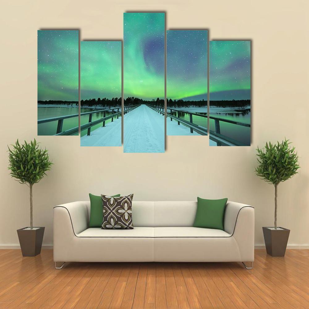 Spectacular Northern Lights Over Bridge And River Canvas Wall Art-5 Pop-Gallery Wrap-47" x 32"-Tiaracle