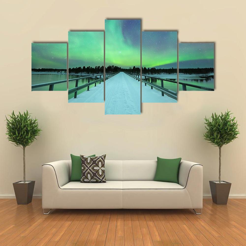 Spectacular Northern Lights Over Bridge And River Canvas Wall Art-5 Star-Gallery Wrap-62" x 32"-Tiaracle
