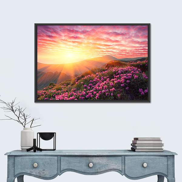 Spring Mountains Landscape & Cloudy Sunset Canvas Wall Art-1 Piece-Floating Frame-24" x 16"-Tiaracle