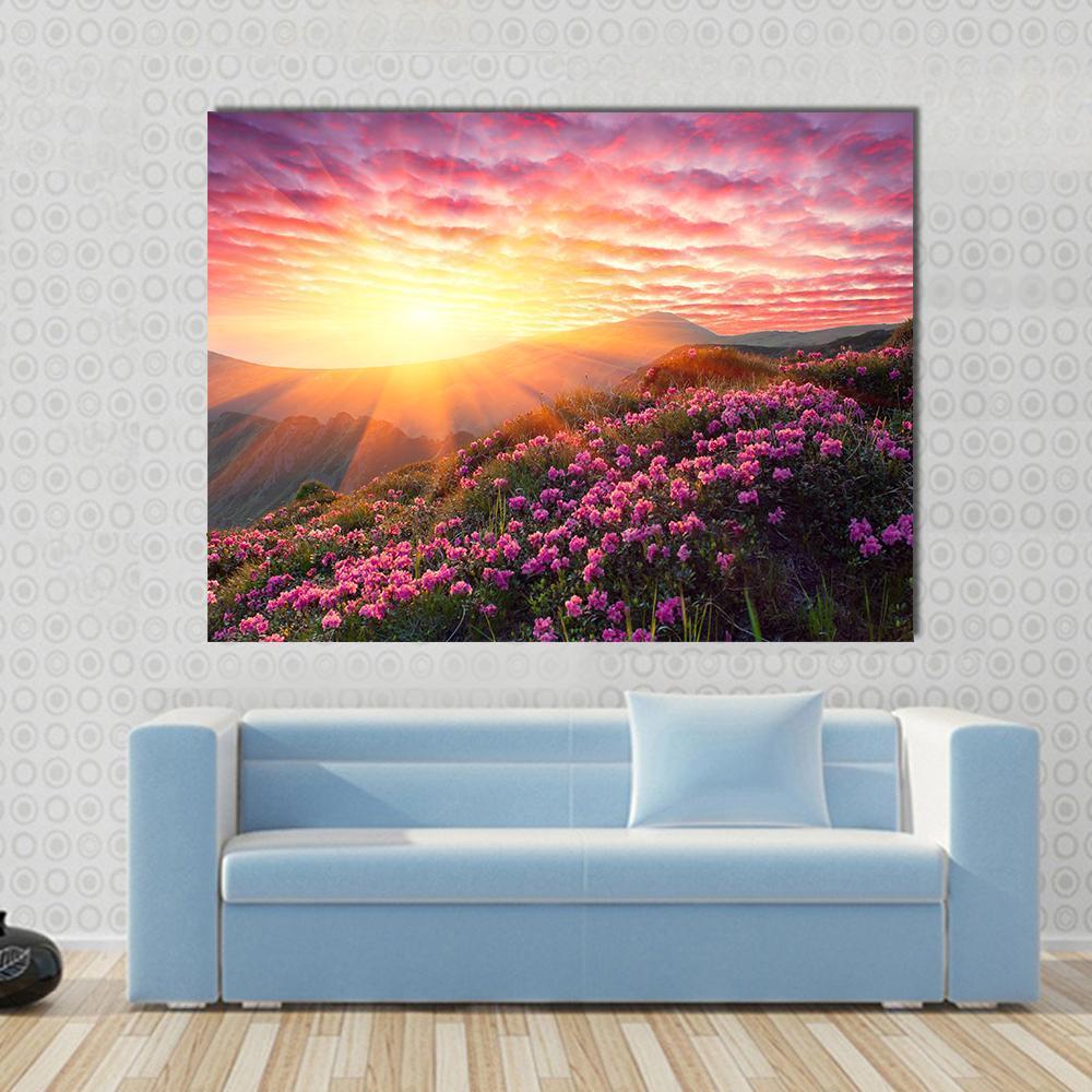 Spring Mountains Landscape & Cloudy Sunset Canvas Wall Art-1 Piece-Gallery Wrap-48" x 32"-Tiaracle