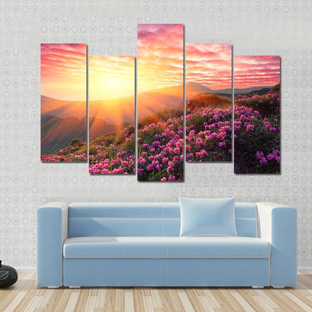 Spring Mountains Landscape & Cloudy Sunset Canvas Wall Art-5 Pop-Gallery Wrap-47" x 32"-Tiaracle