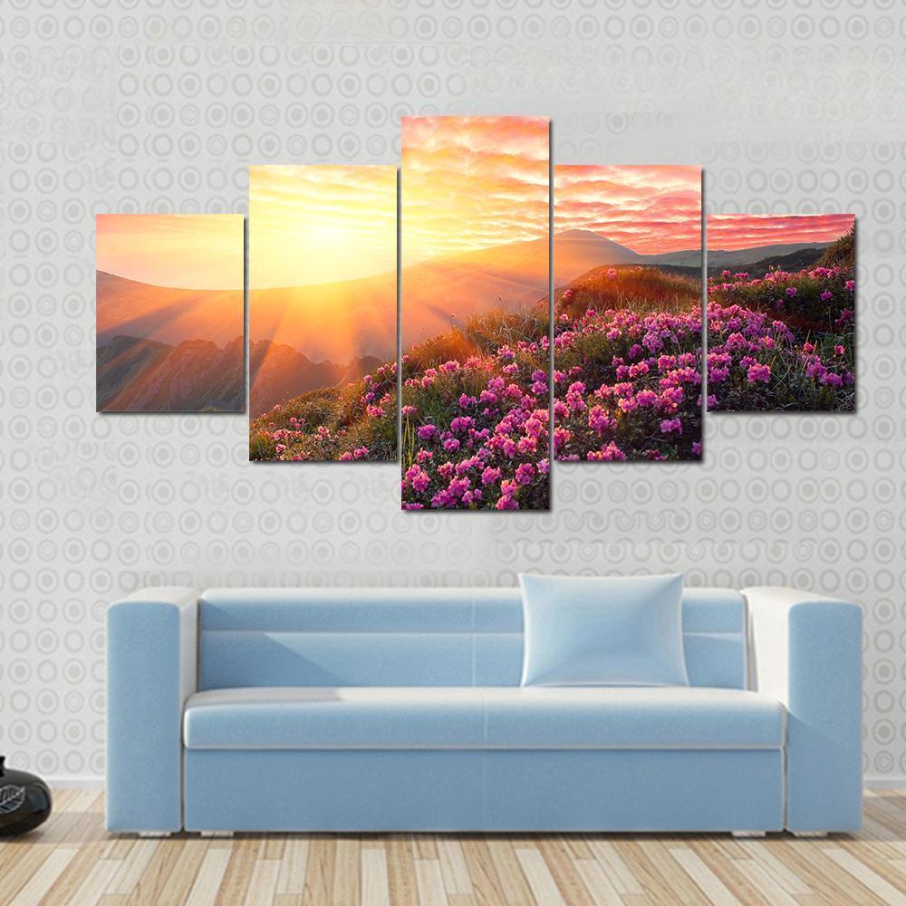 Spring Mountains Landscape & Cloudy Sunset Canvas Wall Art-5 Star-Gallery Wrap-62" x 32"-Tiaracle