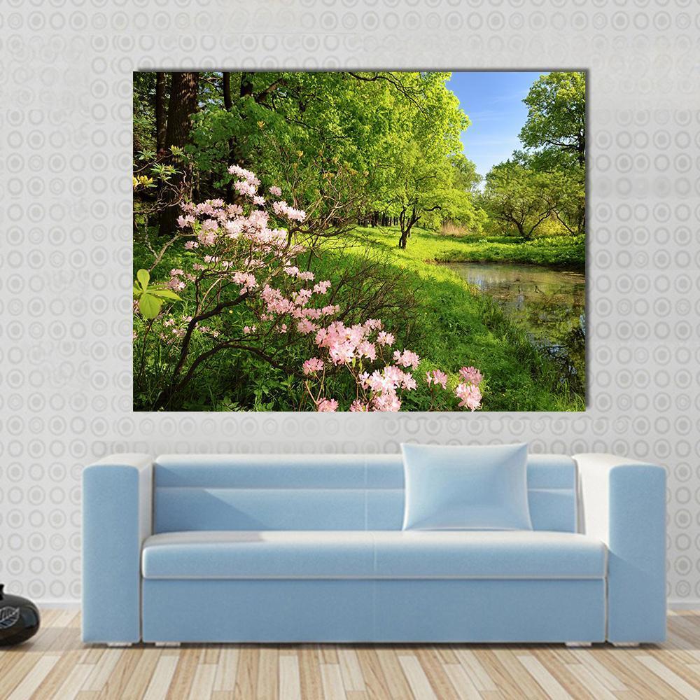 Spring Landscape With Pond And Rhododendron Canvas Wall Art-1 Piece-Gallery Wrap-48" x 32"-Tiaracle