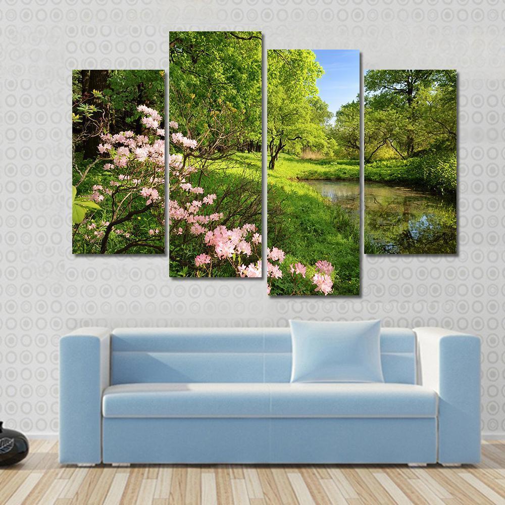 Spring Landscape With Pond And Rhododendron Canvas Wall Art-4 Pop-Gallery Wrap-50" x 32"-Tiaracle