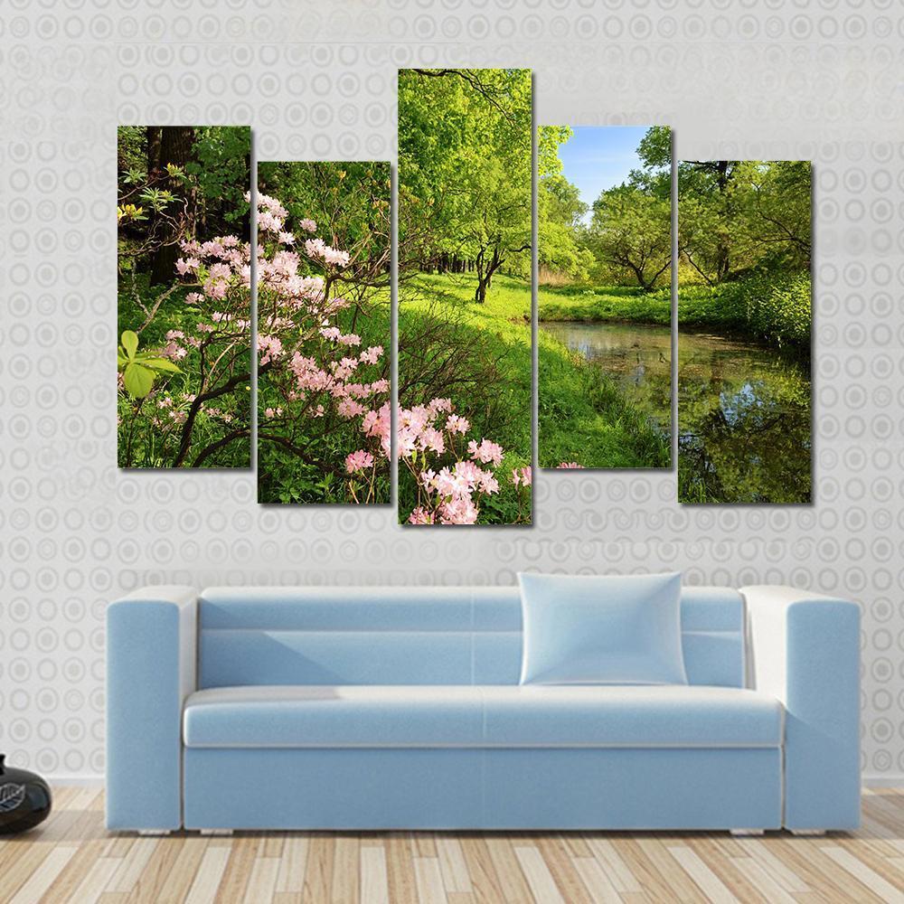 Spring Landscape With Pond And Rhododendron Canvas Wall Art-5 Pop-Gallery Wrap-47" x 32"-Tiaracle