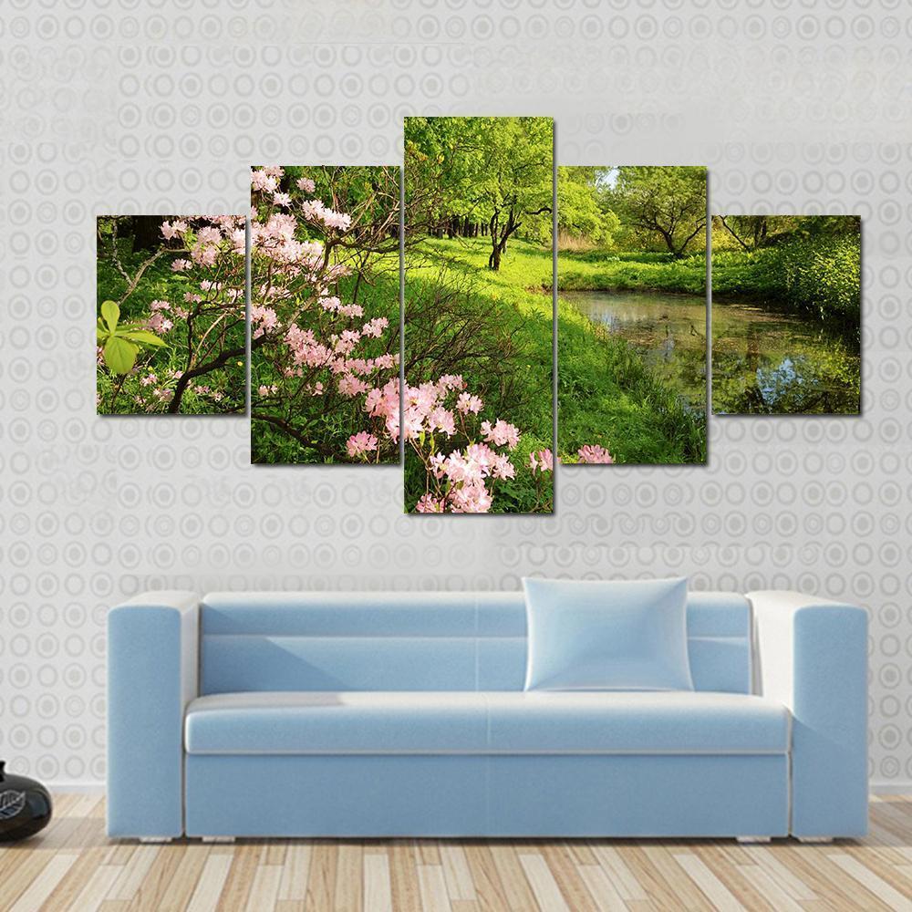 Spring Landscape With Pond And Rhododendron Canvas Wall Art-5 Star-Gallery Wrap-62" x 32"-Tiaracle