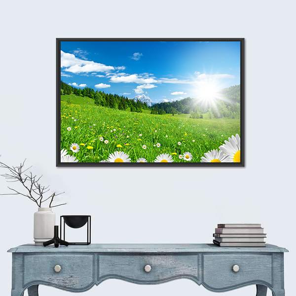 Spring Time In The Alps With Flowers And Sky Canvas Wall Art-1 Piece-Floating Frame-24" x 16"-Tiaracle