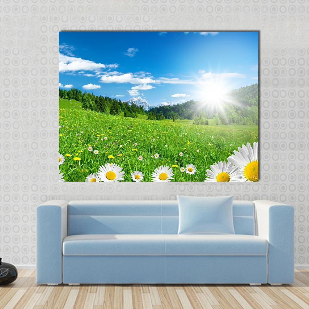 Spring Time In The Alps With Flowers And Sky Canvas Wall Art-1 Piece-Gallery Wrap-48" x 32"-Tiaracle