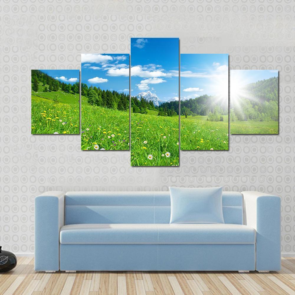 Spring Time In The Alps With Flowers And Sky Canvas Wall Art-5 Star-Gallery Wrap-62" x 32"-Tiaracle