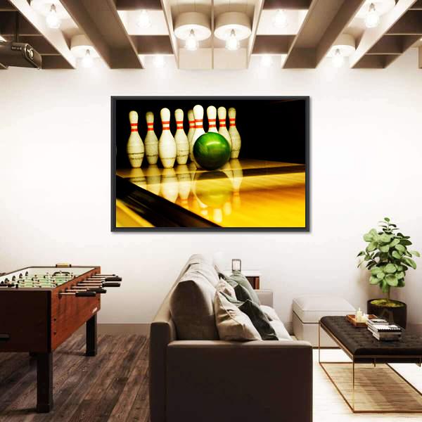 Standing Bowing Pins And Bowl Canvas Wall Art-3 Horizontal-Gallery Wrap-25" x 16"-Tiaracle