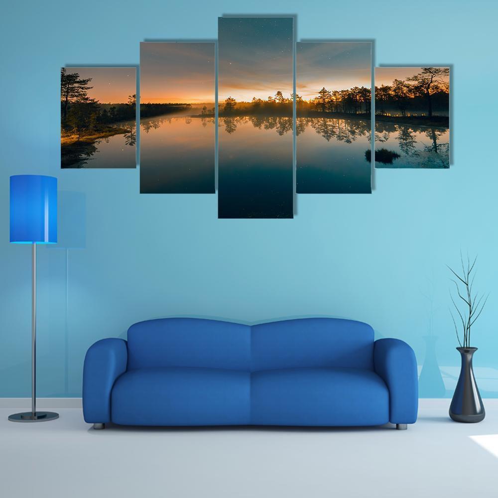 Starry Night At A Swamp Canvas Wall Art-5 Star-Gallery Wrap-62" x 32"-Tiaracle