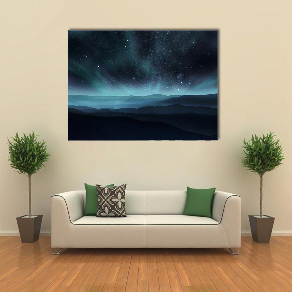 Starry Night Sky With Aurora Over Hills Canvas Wall Art-1 Piece-Gallery Wrap-48" x 32"-Tiaracle