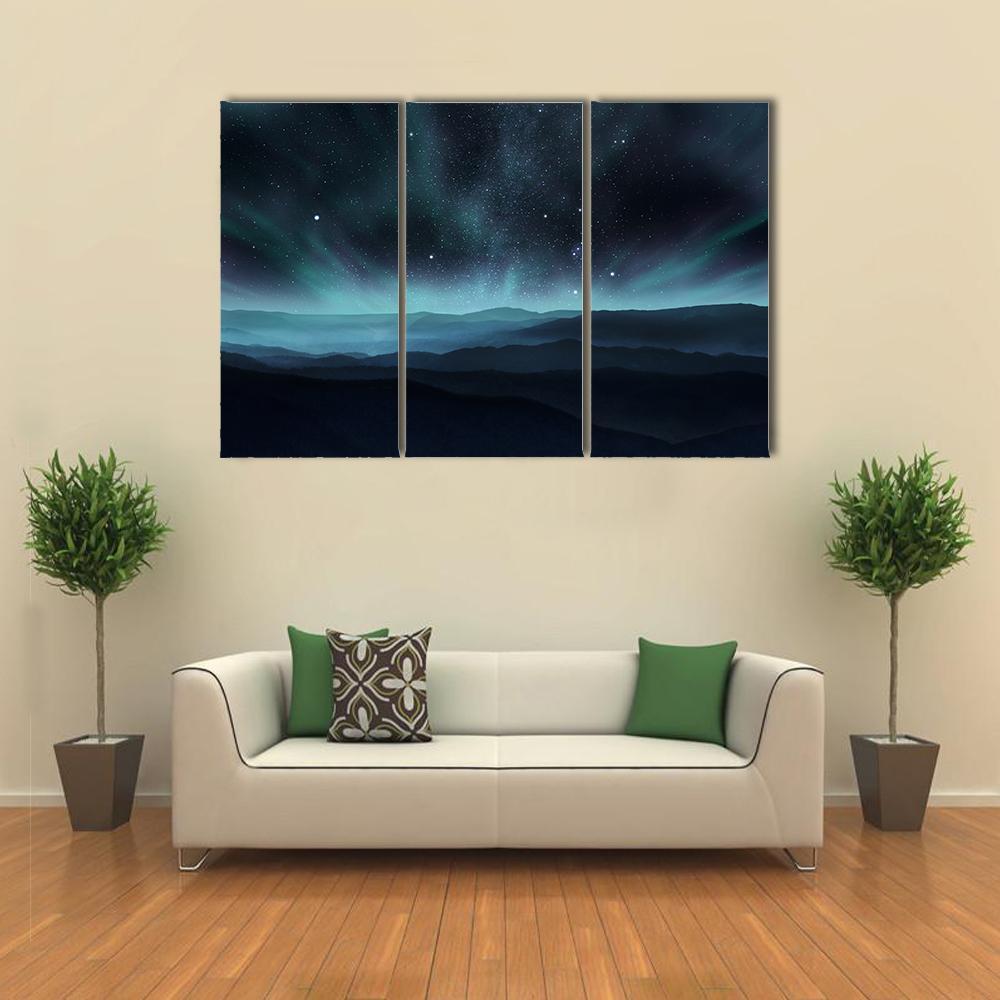 Starry Night Sky With Aurora Over Hills Canvas Wall Art-3 Horizontal-Gallery Wrap-37" x 24"-Tiaracle