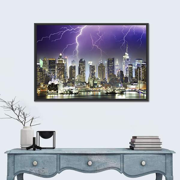 Storm And Lightnings In The Night of New York City Canvas Wall Art-1 Piece-Floating Frame-24" x 16"-Tiaracle