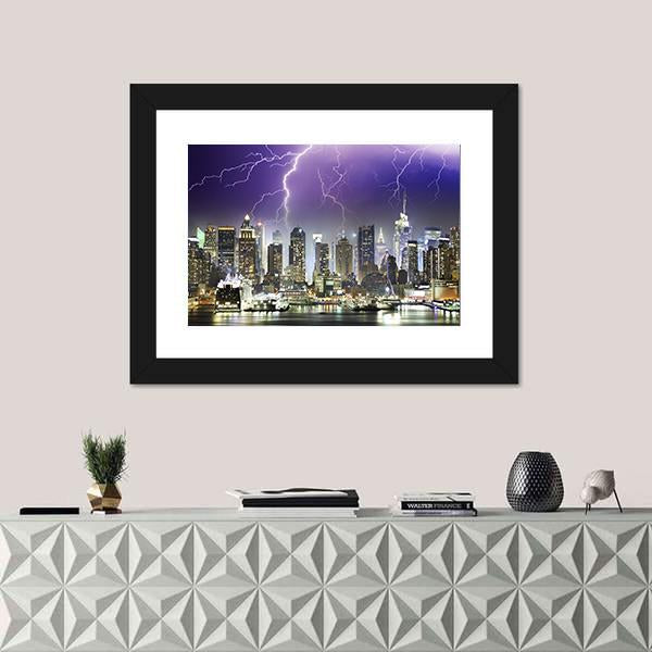 Storm And Lightnings In The Night of New York City Canvas Wall Art-1 Piece-Framed Print-20" x 16"-Tiaracle