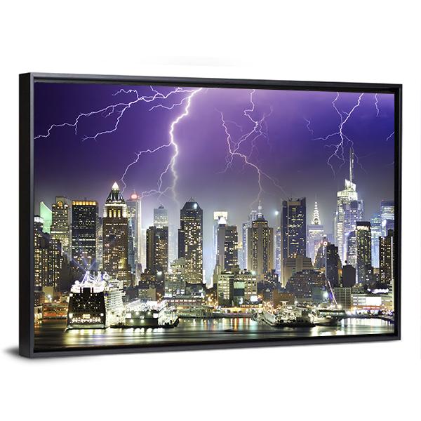 Storm And Lightnings In The Night of New York City Canvas Wall Art-3 Horizontal-Gallery Wrap-25" x 16"-Tiaracle