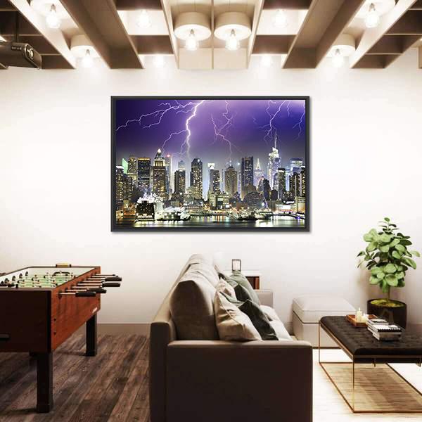 Storm And Lightnings In The Night of New York City Canvas Wall Art-3 Horizontal-Gallery Wrap-25" x 16"-Tiaracle